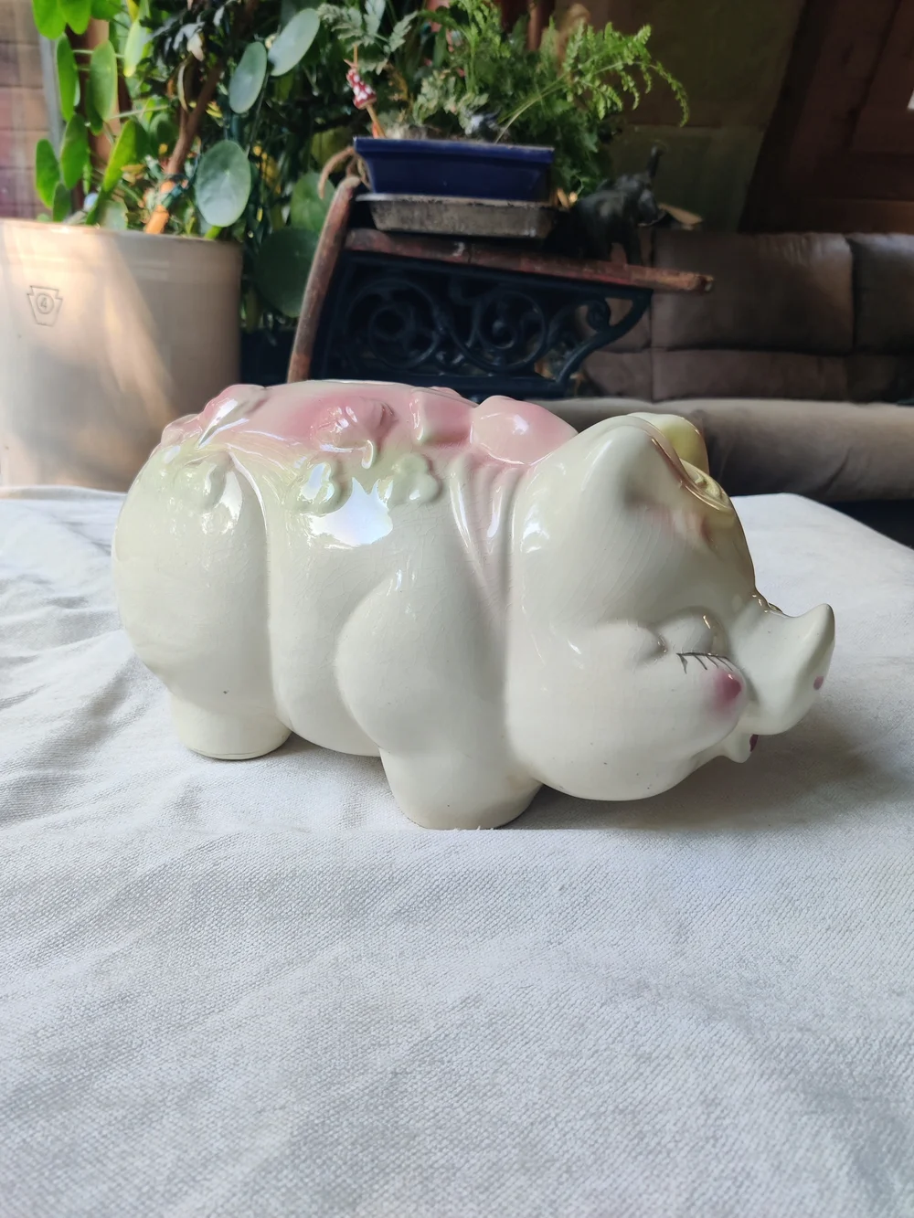 50s Large Piggy Bank Smiley Eyelashes Ribbon Lucky Shamrocks Clover Kitsch 7x13